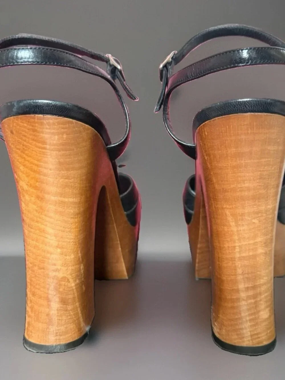 Saint Laurent Candy Black Leather Wooden Platform Sandals 38/8 US